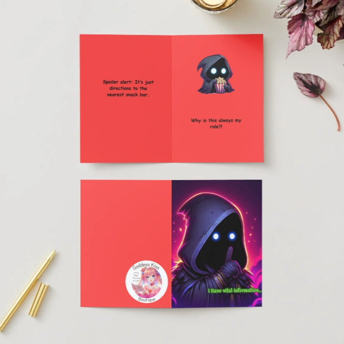 A colorful anime humor greeting card featuring a shadowy chibi character with glowing eyes, peeking from their cloak, delivering “I have vital information…” with dramatic flair.