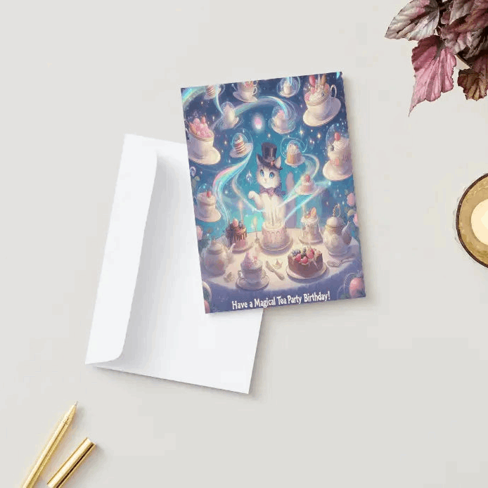 A beautifully illustrated anime birthday card featuring a cozy magical tea party, with enchanted teacups swirling with sparkling birthday wishes. Floating desserts and a charming cat spirit in a top hat complete the whimsical scene.