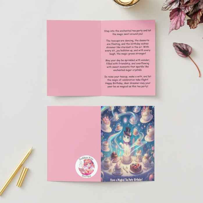 Anime Birthday Card - Mystical Tea Party Design - Magical Floating Teacups Celebration