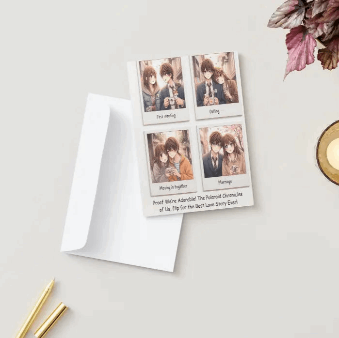 A folded Polaroid Love Story anime anniversary card featuring scrapbook-style Polaroid snapshots of a couple’s romantic journey—meeting, dating, moving in, and marriage. The front message reads: The Polaroid Chronicles of Us, flip for the Best Love Story Ever! Inside, a heartfelt message celebrates the beauty of their love story.