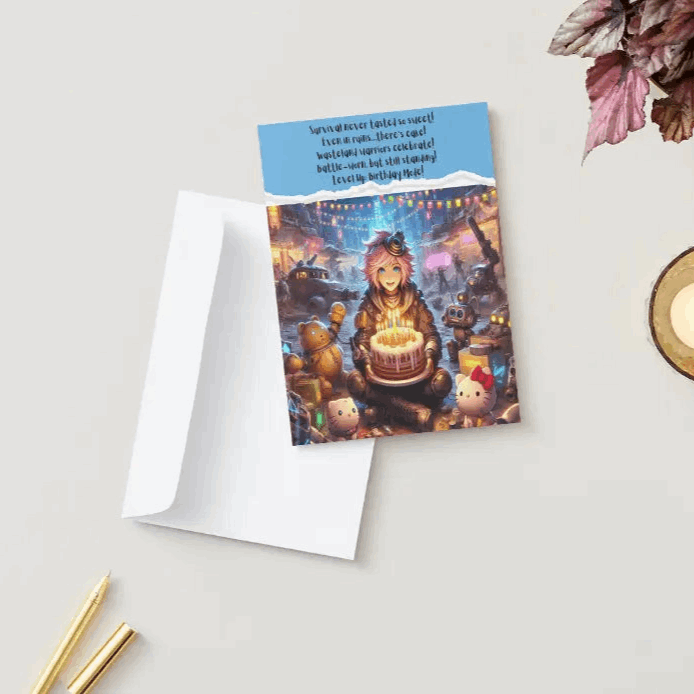 An anime birthday card featuring a stylish survivor in a post-apocalyptic wasteland, holding up a battle-worn birthday cake surrounded by adorable robotic companions and neon-lit makeshift decorations.