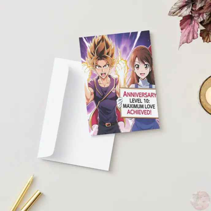 Anime Anniversary Card - Power-Up Through Love Maximum Level Design - Gaming Couple Achievement Card