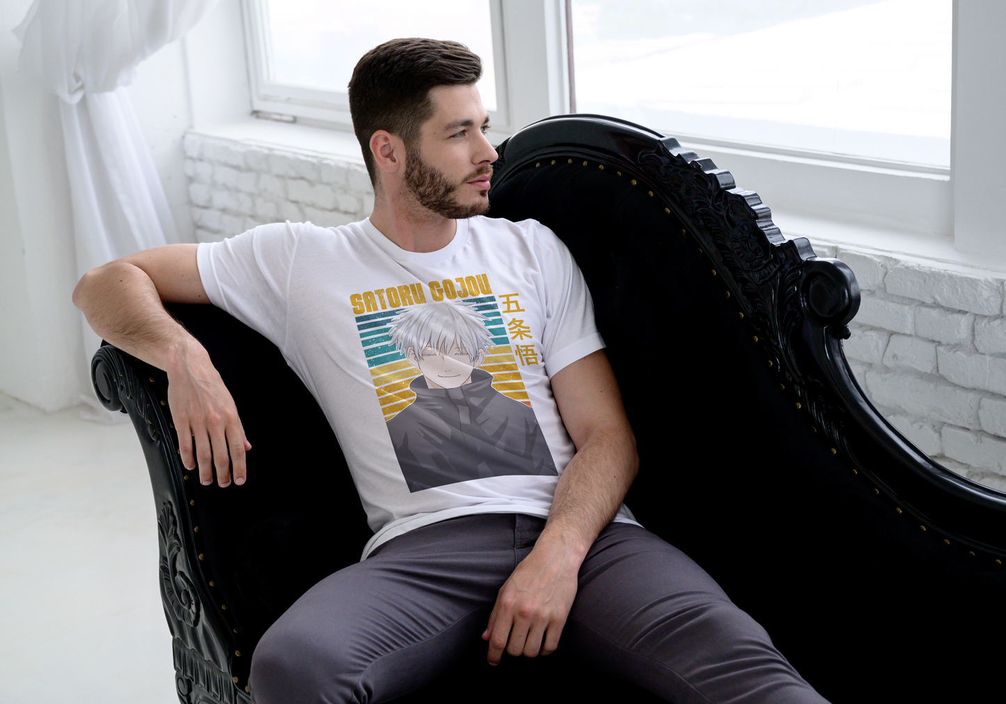 Jujutsu Kaisen Satoru Gojo T-Shirt - Retro Sunset Blue Eyes Portrait Design | Premium Unisex Triblend Tee