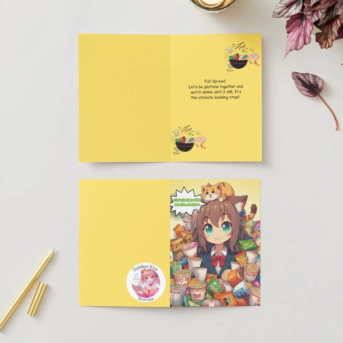 A cat-eared anime character surrounded by a mountain of ramen bowls and snacks, looking gleefully obsessed, featured on an Anime Humor Card celebrating foodie friendship.