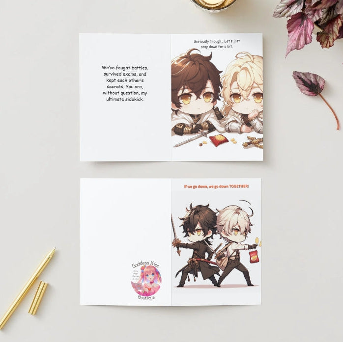 Anime Friendship Greeting Card featuring two chibi-style characters standing back-to-back with fire blazing in the background. One holds a sword, the other a snack. Front text reads: 'If we go down, we go down together.' Inside message highlights the strength of friendship with heartfelt and humorous words.