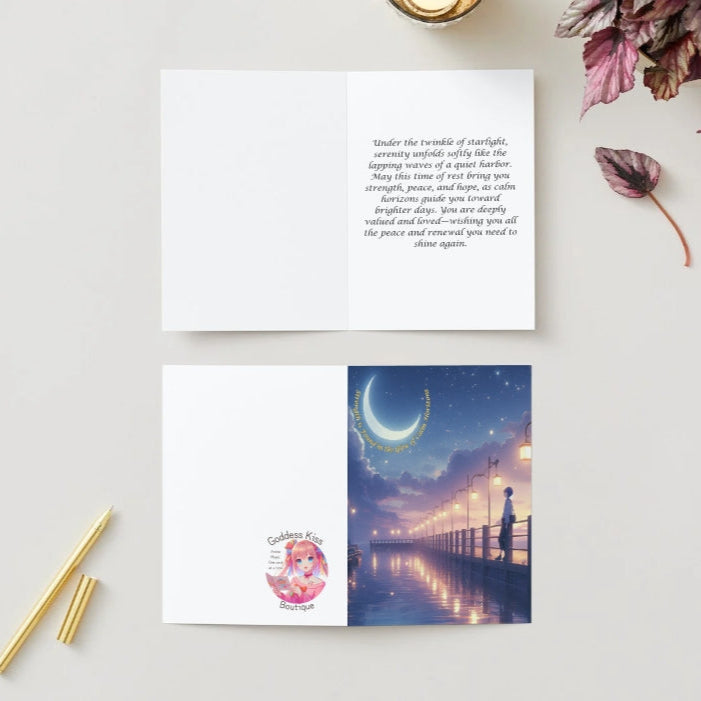 Anime Get Well Card - Starlit Harbor Design - Peaceful Pier Recovery Card - Goddess Kiss Boutique