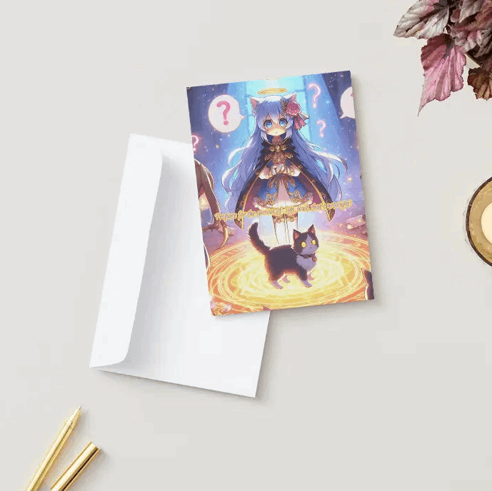 A humorous anime greeting card featuring a Bishoujo anime character mid-summoning, looking apologetic as a smug house cat appears instead of a legendary dragon.
