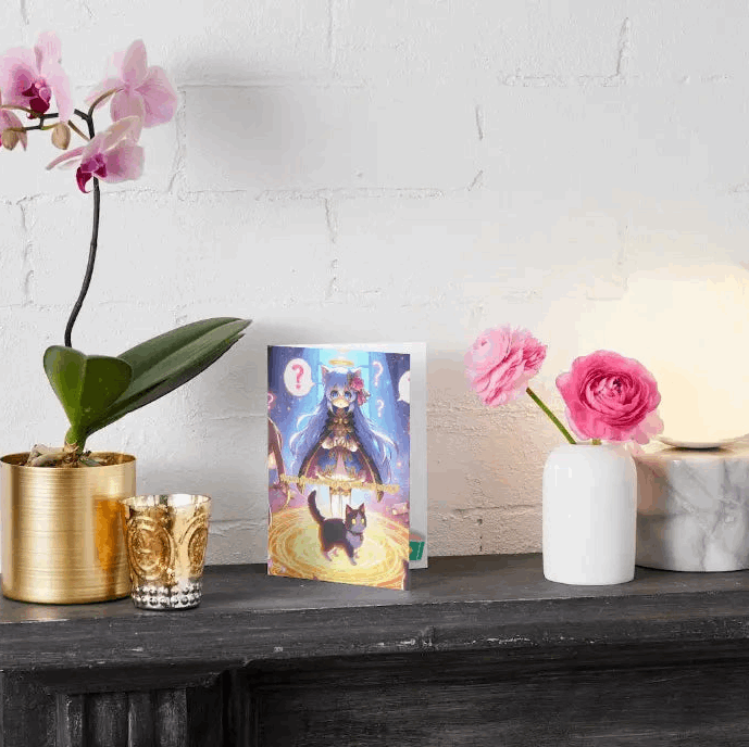 A humorous anime greeting card featuring a Bishoujo anime character mid-summoning, looking apologetic as a smug house cat appears instead of a legendary dragon.