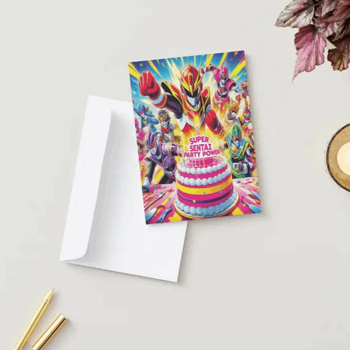 An action-packed anime birthday card featuring a team of color-coded sentai heroes striking dynamic poses as they present an extravagant birthday cake. The scene is filled with vibrant comic-book-style energy bursts, emphasizing excitement and celebration.