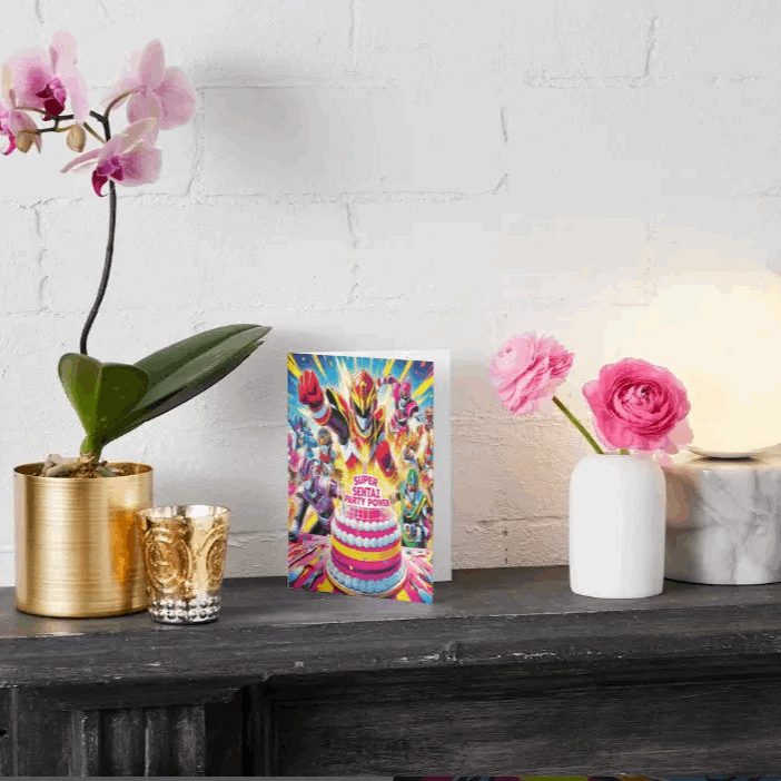 An action-packed anime birthday card featuring a team of color-coded sentai heroes striking dynamic poses as they present an extravagant birthday cake. The scene is filled with vibrant comic-book-style energy bursts, emphasizing excitement and celebration.