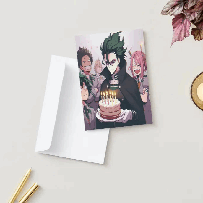 Birthday Card with Anime Villains on the front of it next to envelope