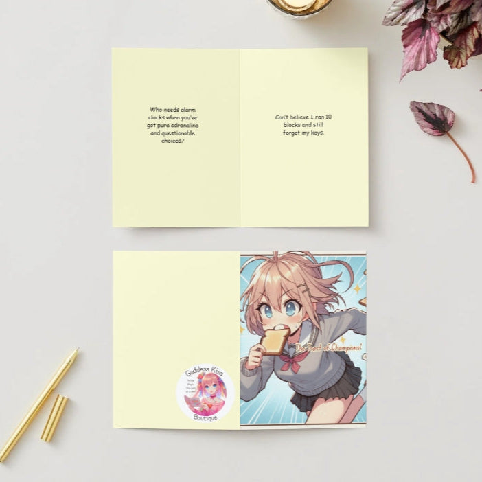 An anime character runs frantically, gripping a bite of toast between their teeth, embodying the classic anime morning rush. A fun and relatable Anime Humor Card for those who live life at full speed!