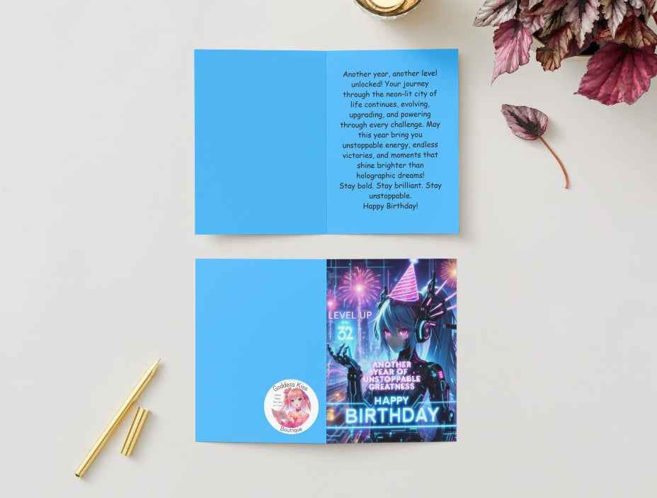Anime Birthday Card - Cyberpunk Level Up Design - Gaming Neon City Celebration