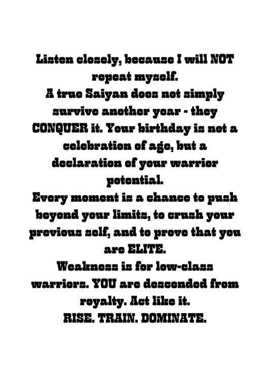 Front Image:
Dragon Ball Z Vegeta birthday greeting card featuring Saiyan Prince with purple hair and orange blue background
Inside Image:
Fierce birthday message inside Vegeta greeting card celebrating elite warrior potential and royal Saiyan pride