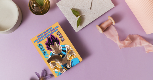 Dragon Ball Z anime greeting card on lavender background with decorative storage elements