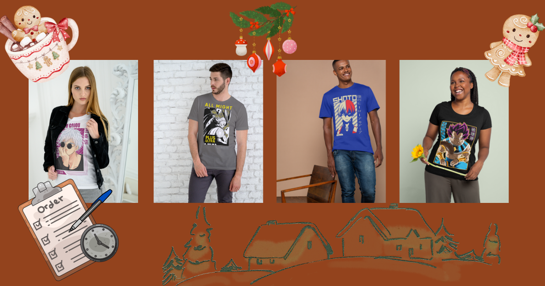 Made-to-order anime apparel designs displayed on poster board with order form showing custom t-shirt options for holiday shopping