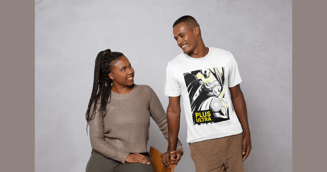 Smiling couple wearing custom anime apparel with Plus Ultra design on white t-shirt in lifestyle setting with neutral background.