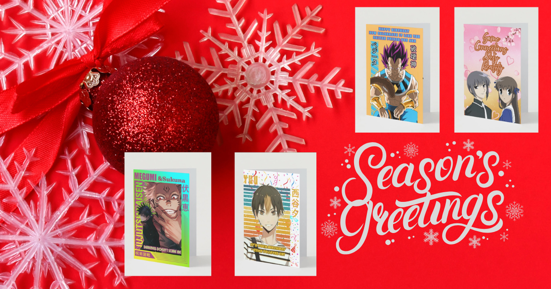 Collection of four anime greeting cards displayed on bright red background with neon snowflakes, glittery ornament, and "Season's Greetings" text in white script.