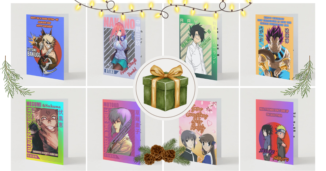 Anime holiday greeting cards featuring My Hero Academia, Dragon Ball Z, and Demon Slayer arranged with festive decorations and gift wrapping