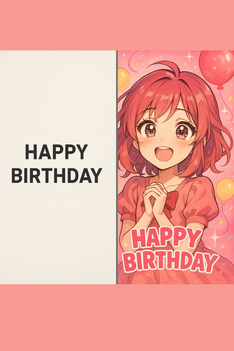 Comparison between generic greeting card and vibrant anime-style greeting card showing emotional difference