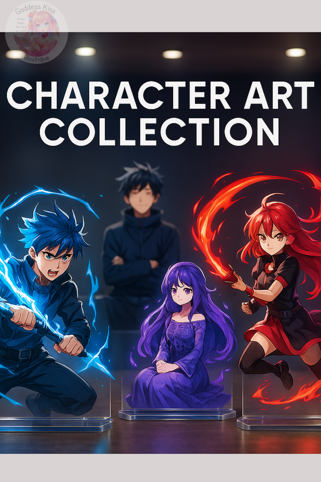 Premium anime character art displays in acrylic stands showing collectible dual-pose prints