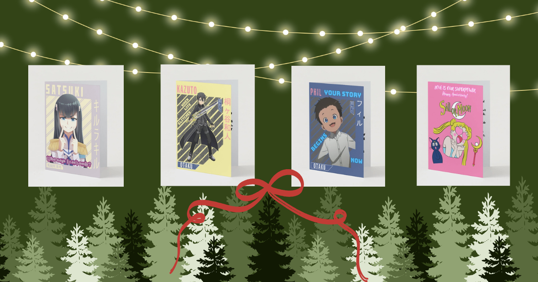 Collection of anime greeting cards displayed with holiday decorations and gold ribbon on a warm, festive background.