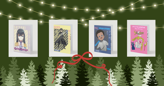 Collection of anime greeting cards displayed with holiday decorations and gold ribbon on a warm, festive background.
