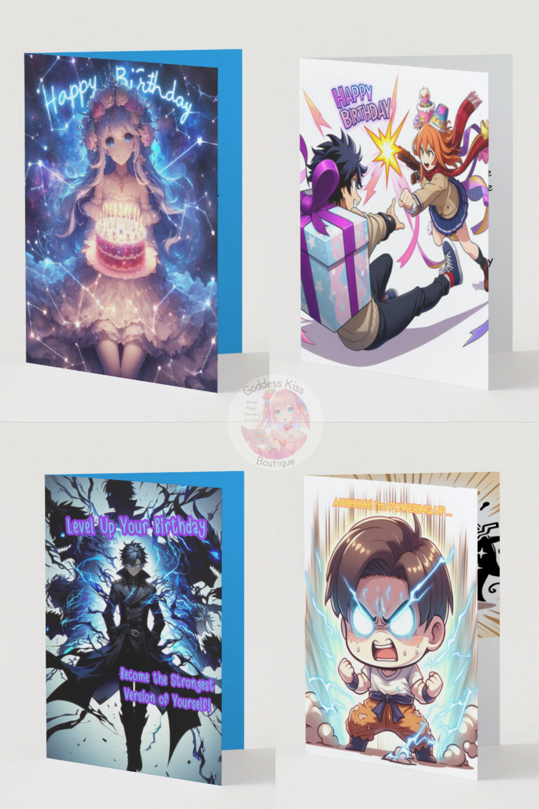 Four different anime birthday card styles showcasing kawaii, traditional, shonen, and elegant designs