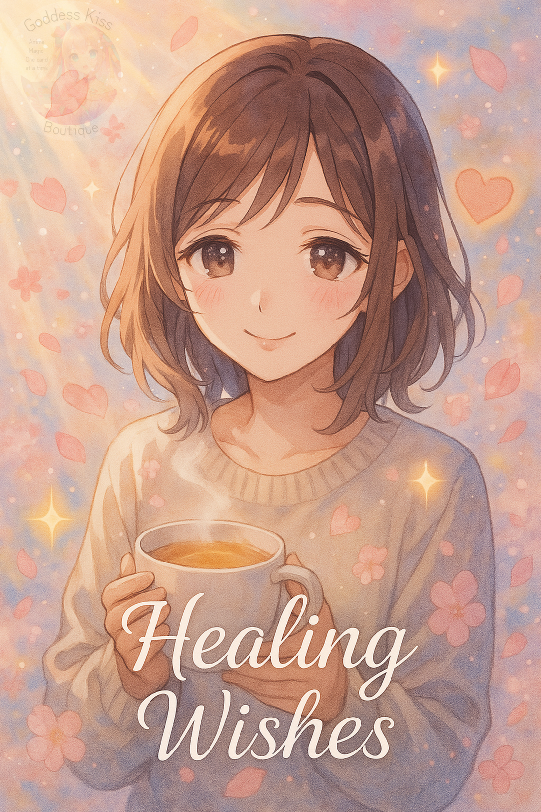 Soft pastel anime artwork of a serene character holding tea, surrounded by cherry blossoms, sparkles, healing symbols, and golden light. “Healing Wishes” flows across a dreamy, peaceful background.