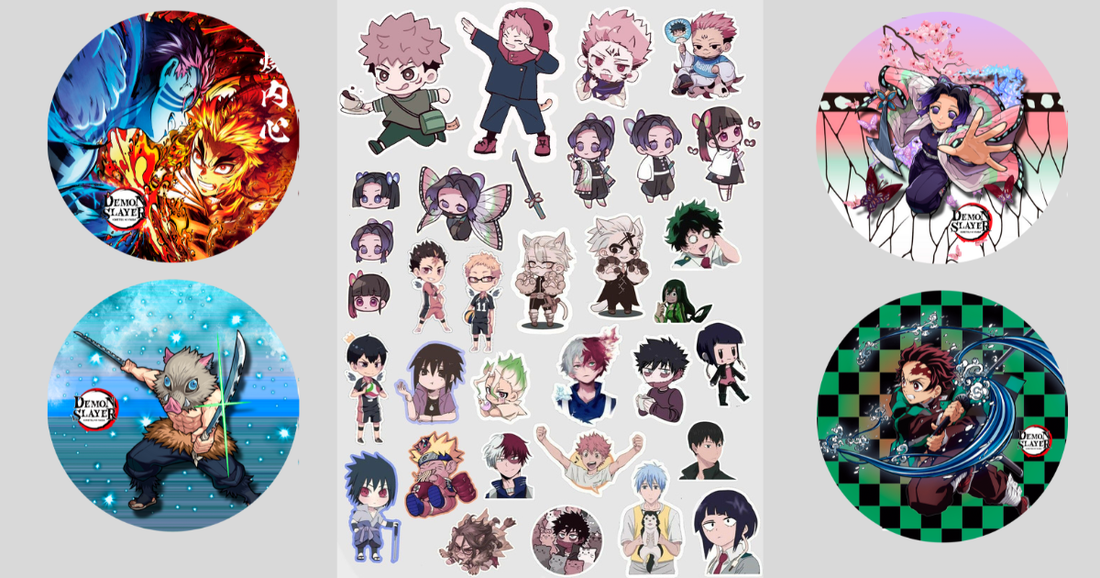 Premium anime stickers featuring Demon Slayer characters in various styles including chibi designs, circular badges, and die-cut vinyl stickers on white background
