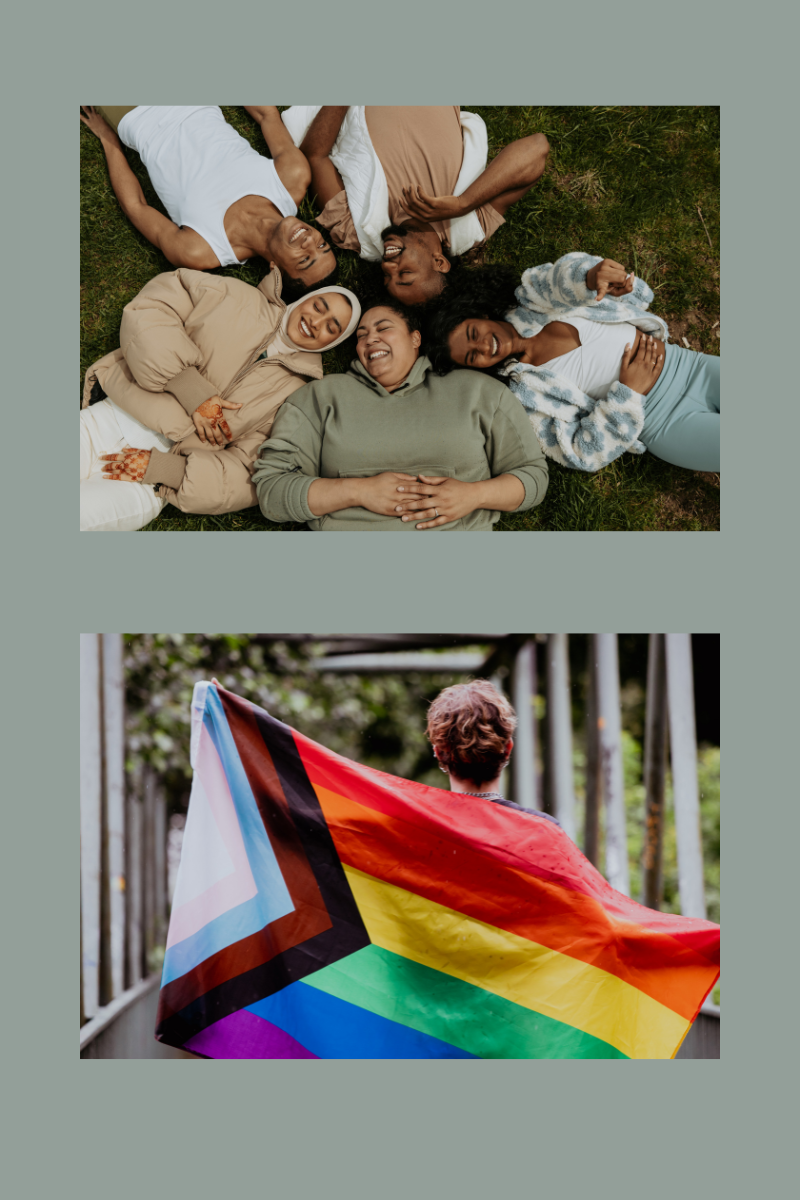 A blog image of the LGBQ+ Flag along with an image of a people laying on the ground from diverse backgrounds. This image is for Goddess Kiss Boutique's Blog post. 