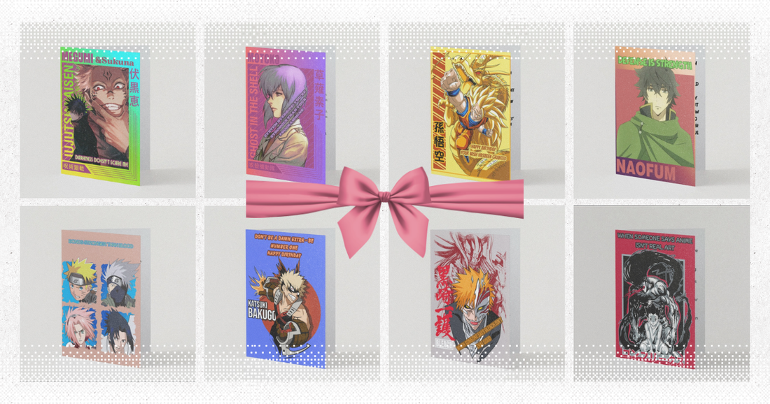 Colorful anime greeting cards featuring popular anime characters arranged on pastel background with gift-giving accessories