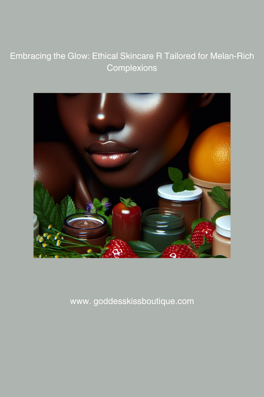 This image showcases a stunning close up of a melanin rich woman's face, her skin glowing in the soft light, with an assortment of  natural ethically sourced skincare products artfully arranged in the foreground. 