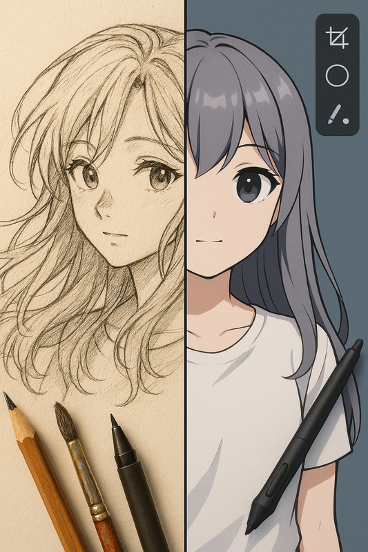 Comparison between authentic hand-drawn anime art and AI-generated anime showing quality differences