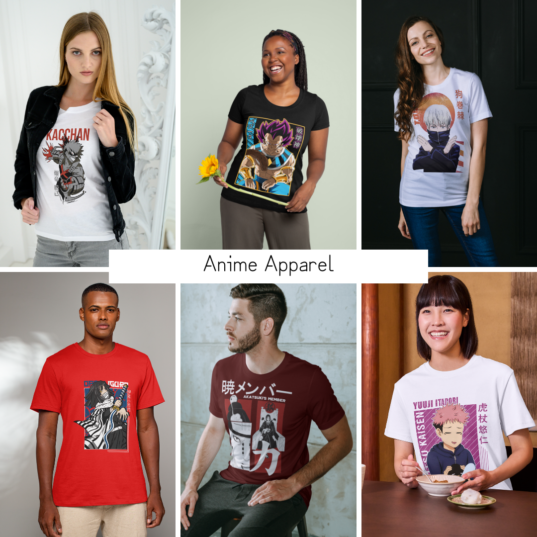 Master anime apparel collection featuring diverse models wearing t-shirts from Jujutsu Kaisen, Naruto, Dragon Ball Z, My Hero Academia, and other anime series