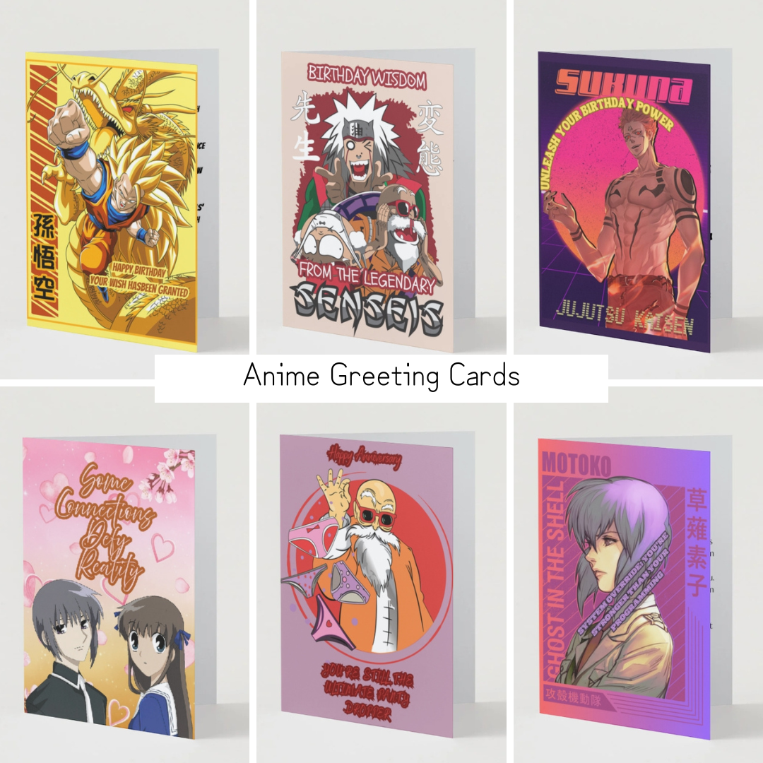 Master anime greeting card collection featuring Jujutsu Kaisen, Naruto, Dragon Ball Z, Haikyuu, High School DxD, Is the Order a Rabbit, and Himouto Umaru-chan cards for all occasions