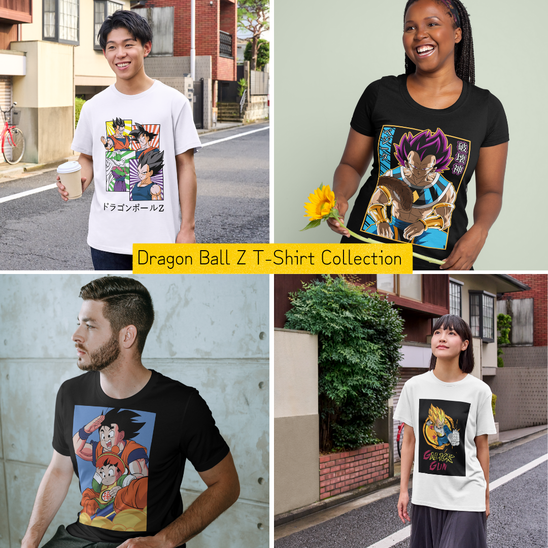 Dragon Ball Z t-shirt collection featuring diverse models wearing anime apparel with retro squad, Vegeta Ultra Ego, Goku & Gohan, and street style designs