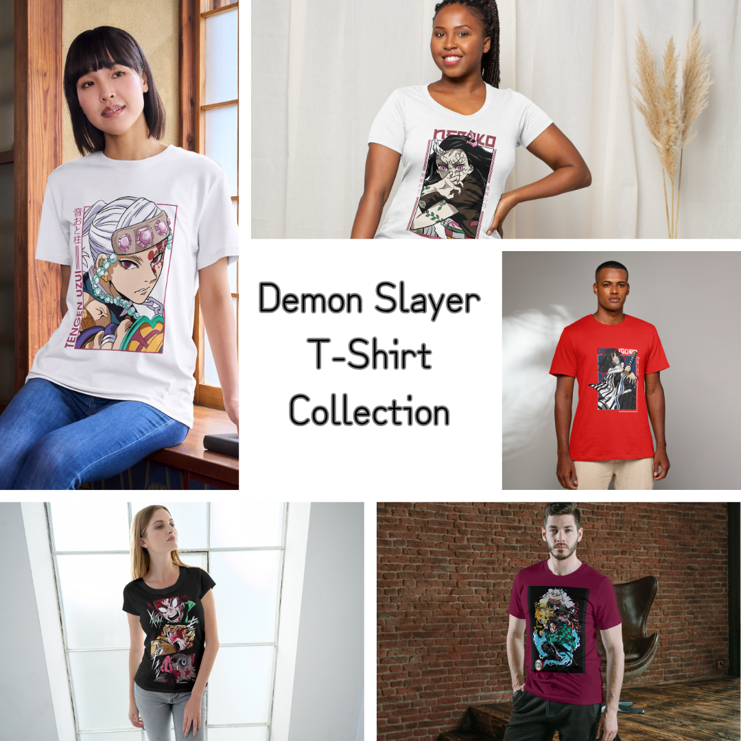 Demon Slayer t-shirt collection featuring diverse models wearing anime apparel with Tengen Uzui, Nezuko, and Tanjiro squad designs