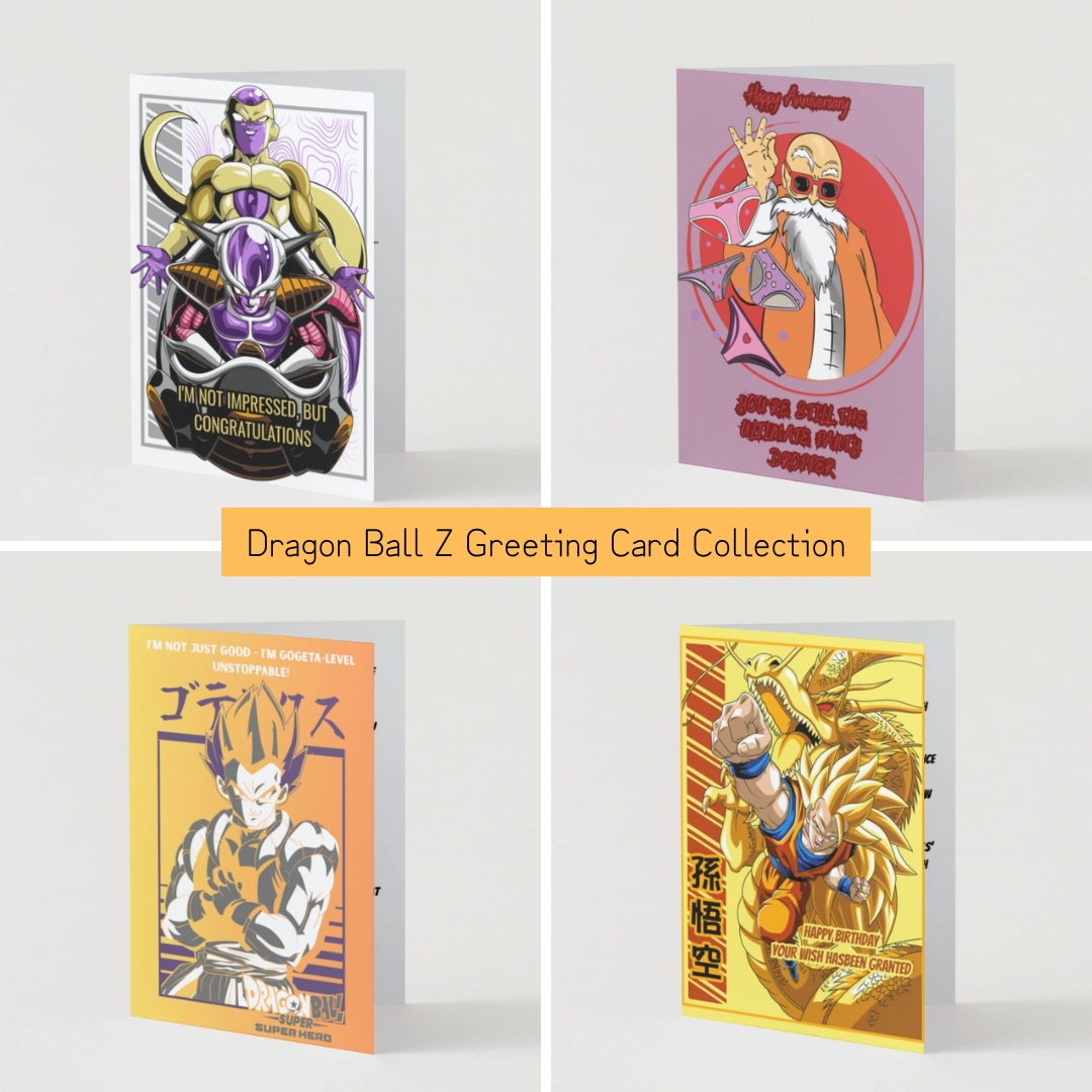 Dragon Ball Z greeting card collection featuring Frieza humor card, Master Roshi anniversary card, Gogeta humor card, and Goku Super Saiyan 3 birthday card