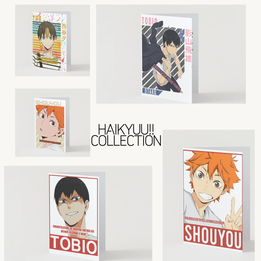 Haikyuu greeting card collection featuring five anime volleyball characters: Hinata, Kageyama, and others. Vibrant cards with dynamic designs, Japanese text, showcasing the energy of the popular sports anime.