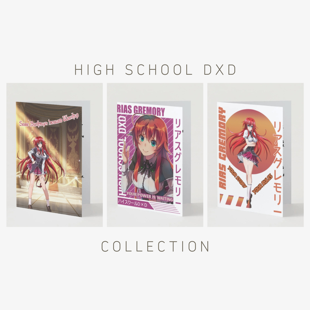 High School DxD greeting card collection featuring three Rias Gremory designs. Anime cards with vibrant artwork, Japanese text, and supernatural themes from the popular series.