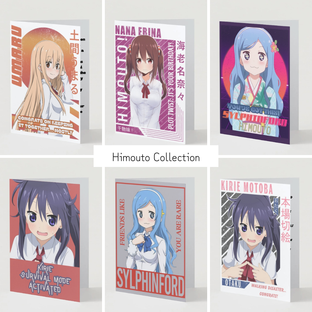 Himouto! Umaru-chan greeting card collection featuring six anime character designs. Vibrant cards with Japanese text showcasing the comedy and charm of the popular slice-of-life series.