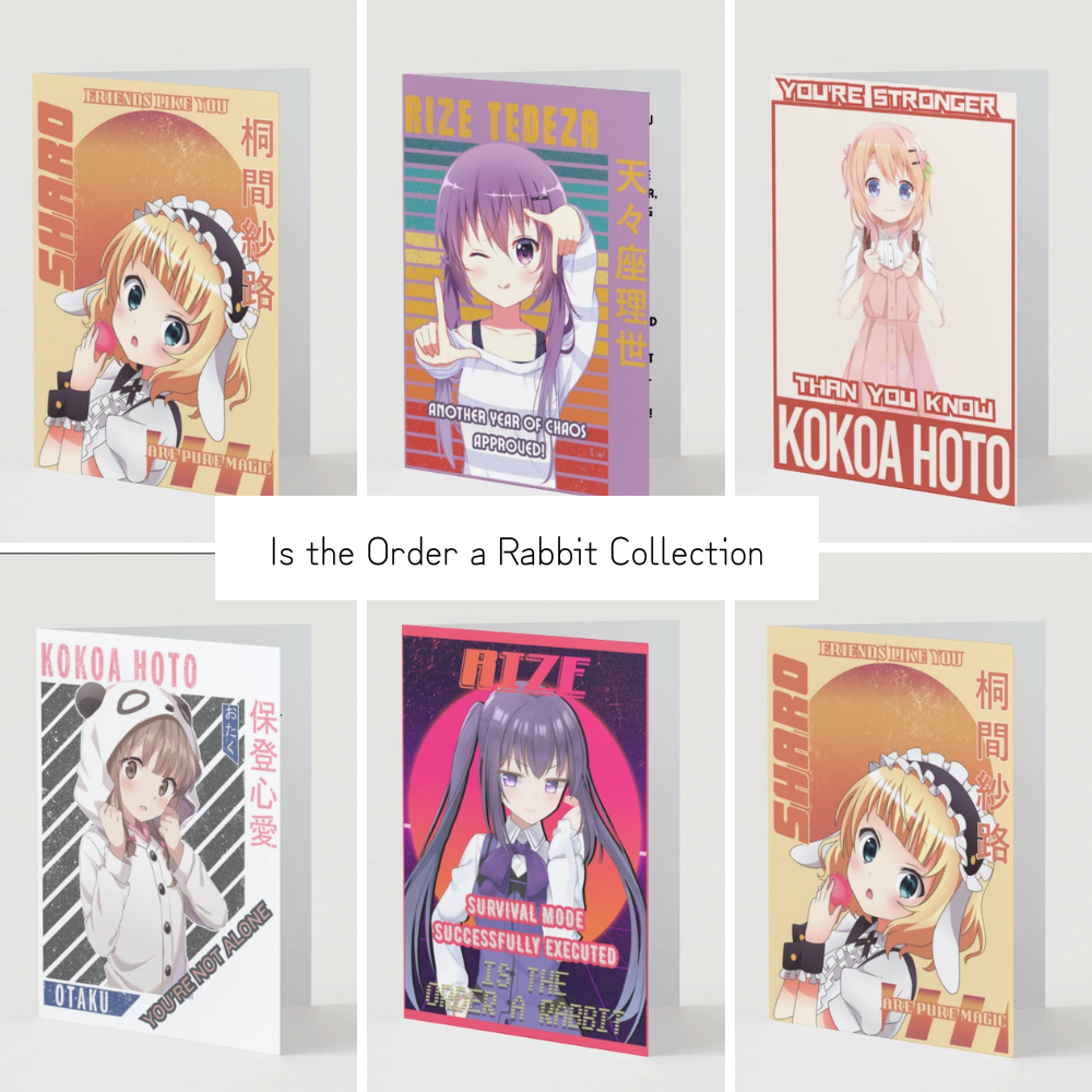 Is the Order a Rabbit greeting card collection featuring six anime café character designs. Colorful cards with Japanese text showcasing the heartwarming slice-of-life series.