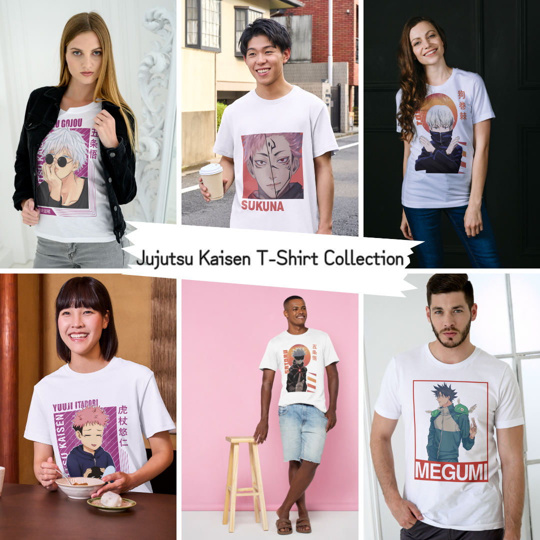 Jujutsu Kaisen t-shirt collection featuring diverse models wearing anime apparel with Gojo, Sukuna, Inumaki, Yuji, and Megumi designs