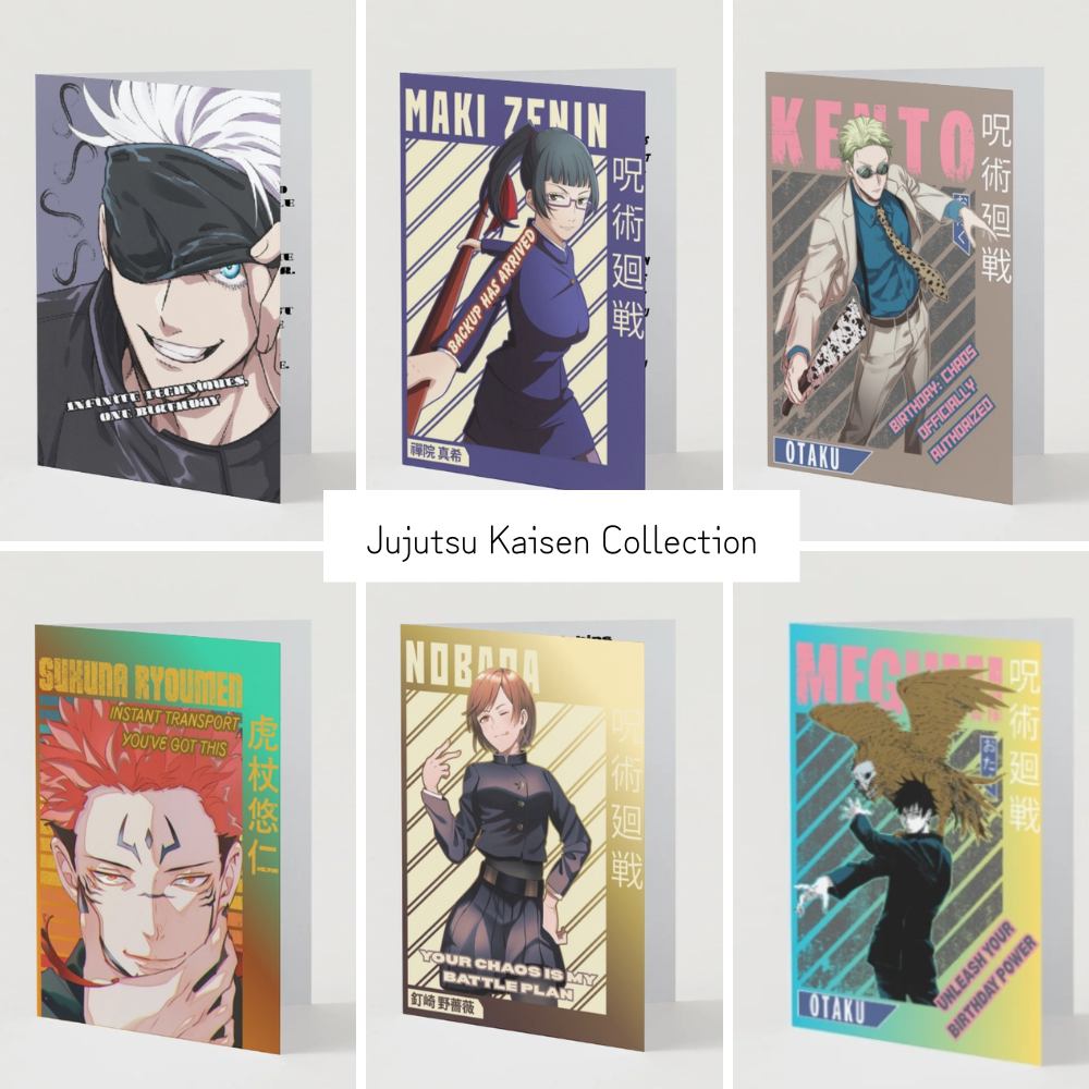 Jujutsu Kaisen greeting card collection featuring six anime characters: Gojo, Maki, Kento, Sukuna, Nobara, and Megumi. Vibrant cards with diagonal backgrounds, Japanese text, and unique character-inspired designs showcasing the anime's diverse cast.