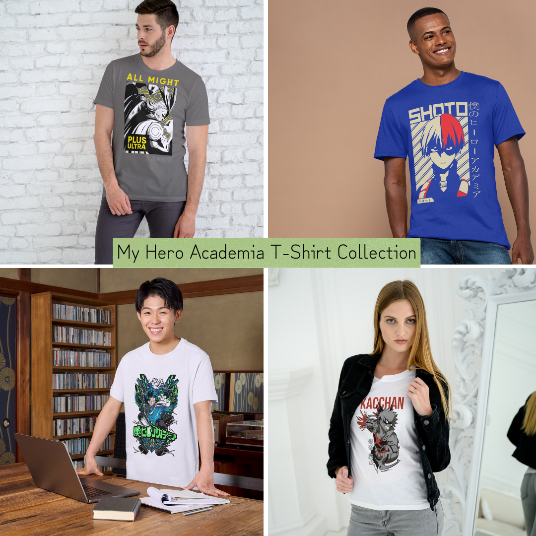 My Hero Academia t-shirt collection featuring diverse models wearing anime apparel with All Might, Shoto Todoroki, Deku, and Bakugo designs