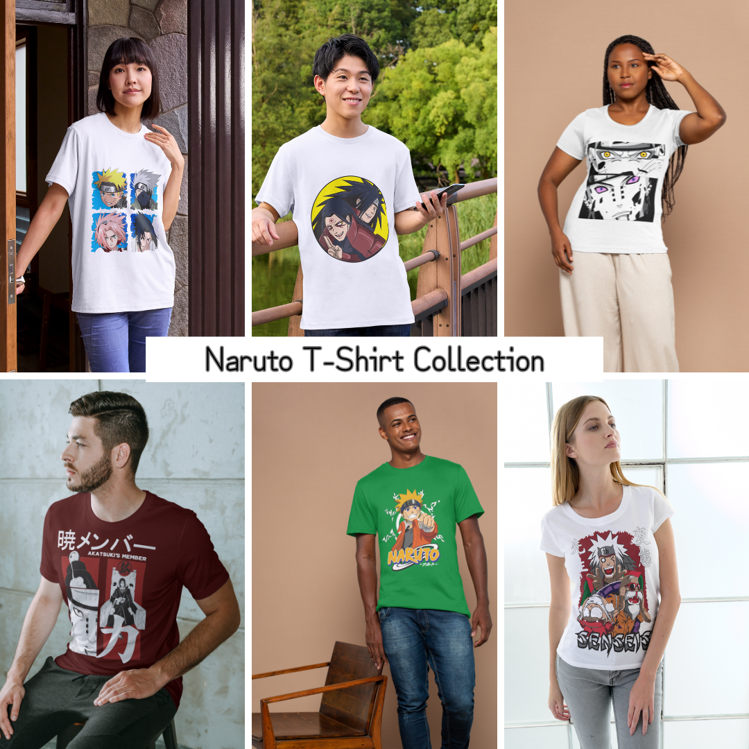 Naruto t-shirt collection featuring diverse models wearing anime apparel with Team 7, Madara & Hashirama, Pain, Naruto Uzumaki, and Jiraiya designs