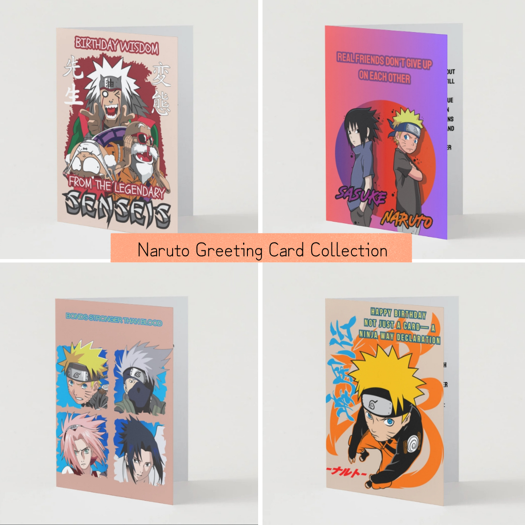 Naruto greeting card collection featuring Sasuke & Naruto friendship card, Team 7 bonds card, Naruto birthday card, and Jiraiya funny birthday card