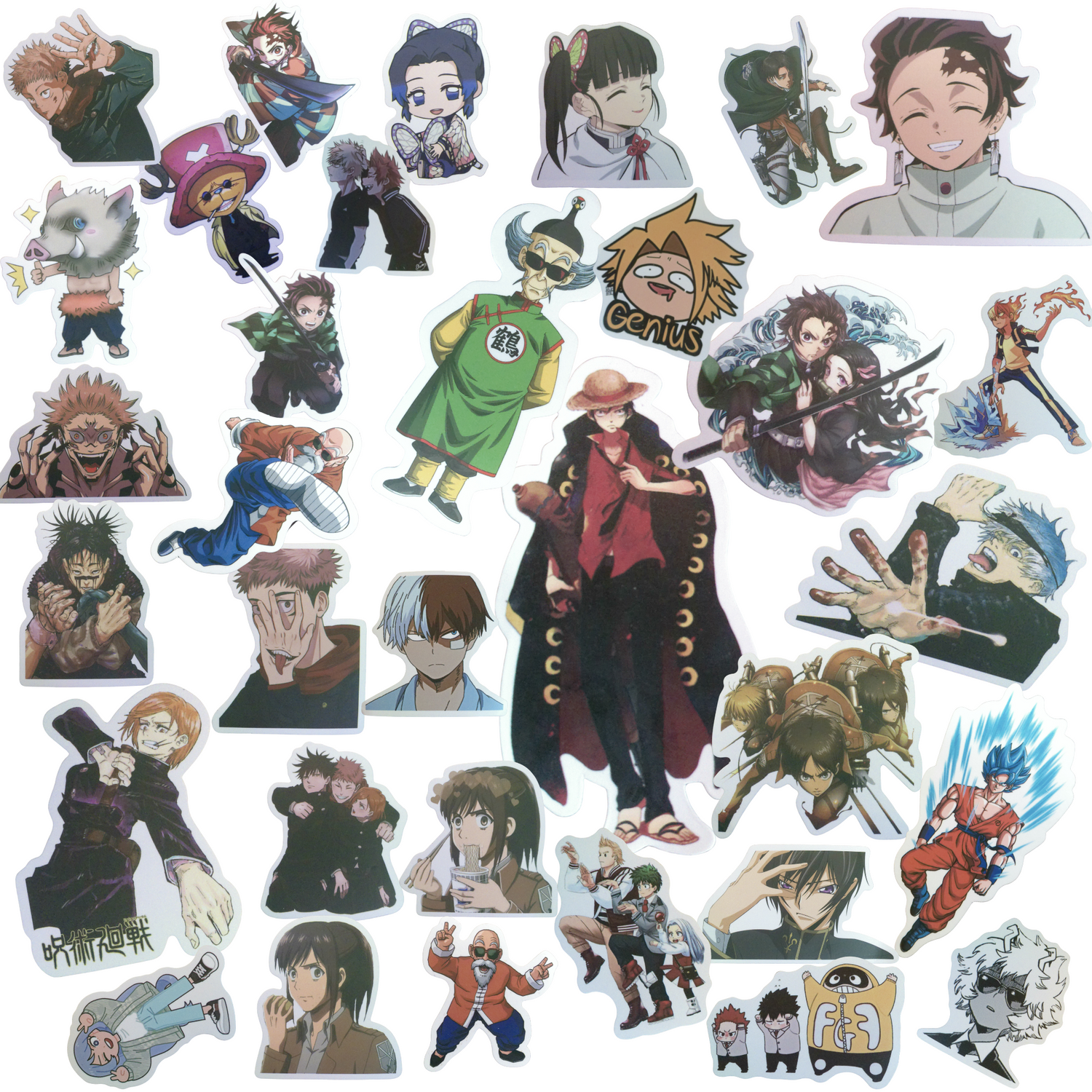 Comprehensive anime collection featuring stickers, acrylic stands, keychains, notebooks, sticky note pads and other collectibles from popular anime series, perfect for fans and collectors