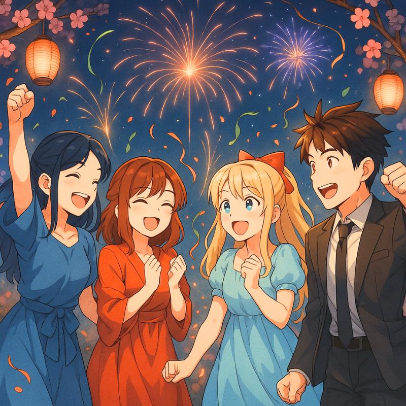 Group of anime characters celebrating and congratulating one another with joyful expressions, confetti, fireworks, and vibrant energy in a festive setting—perfect for commemorating achievements and milestones.
